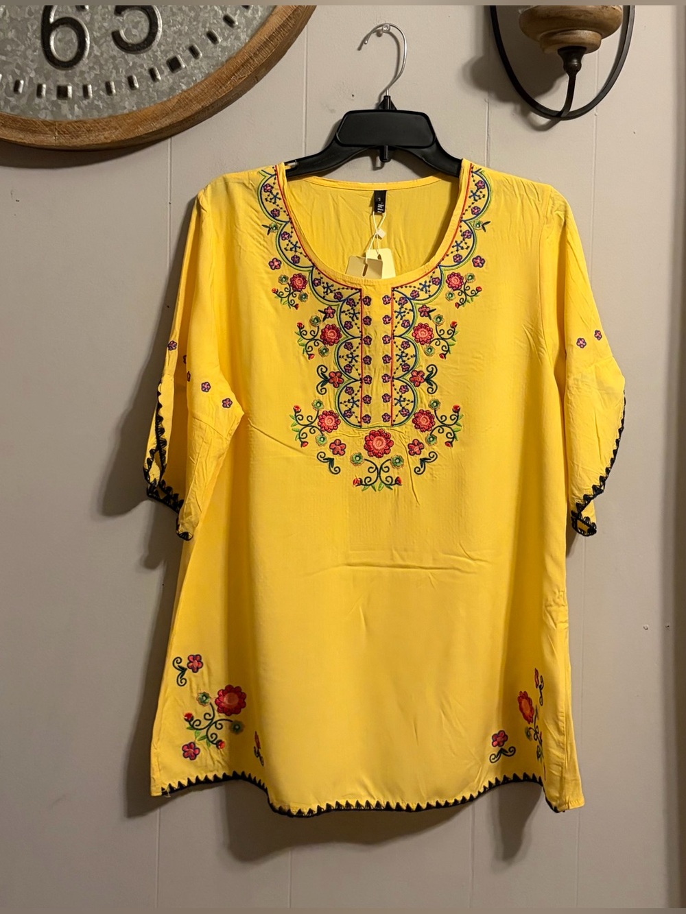 Bright Yellow Embroidered Floral Tunic